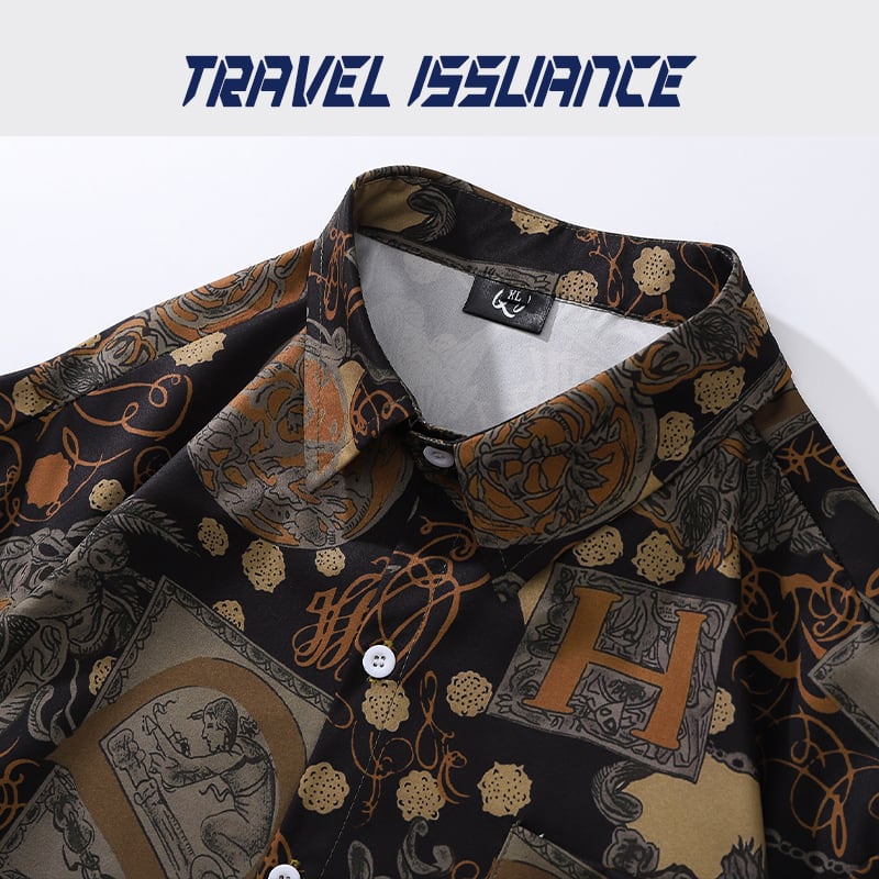 [TRAVEL ISSUANCE Series]★Retro Shirt★ Print Ethnic Style Short Sleeve Tops Unisex ML XL 2XL