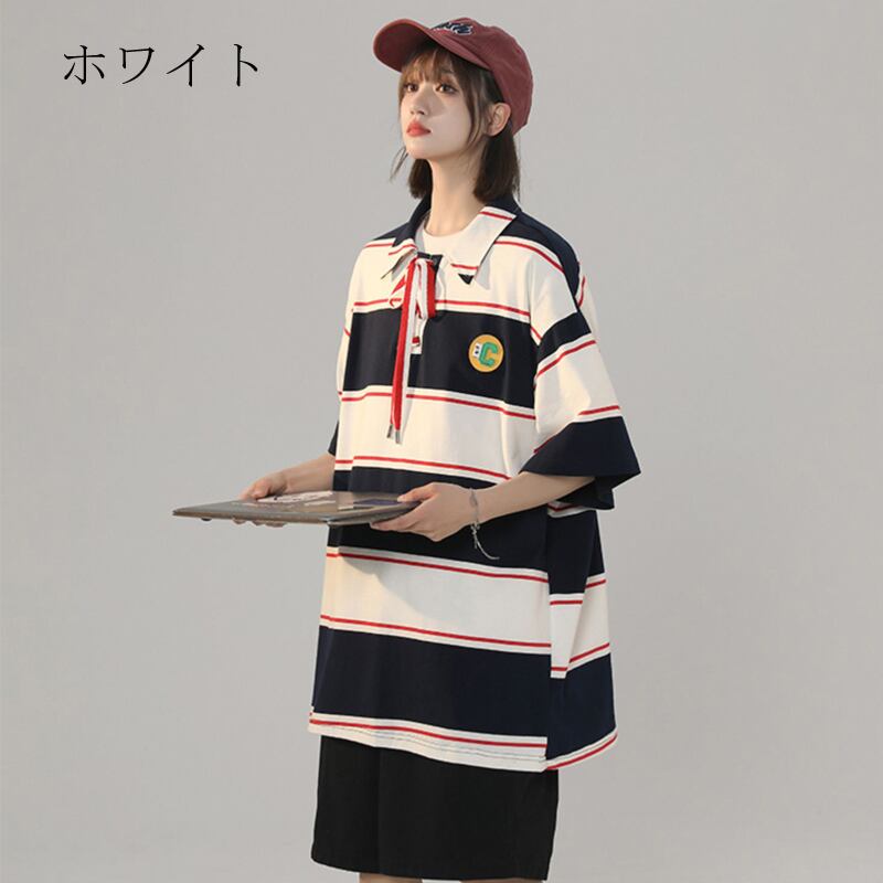 [CHAOMEICHEN Series]★Polo shirt★ 3color tops, short sleeve T-shirt, unisex, men's, striped pattern, horizontal stripes