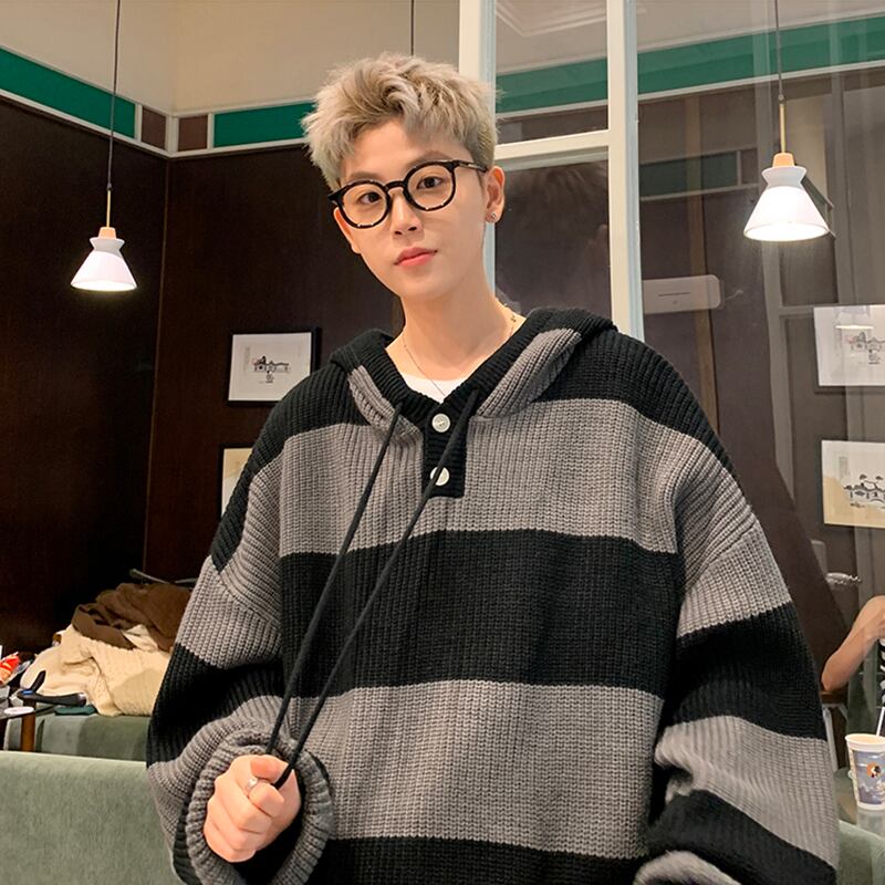 [NANSHI Series]★Sweater★ 2color Knit Parka Tops Unisex Men's Horizontal Stripes Striped Pattern Black Blue