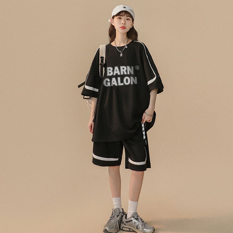 【CHAOMEICHENシリーズ】★セットアップ★ 3color Tシャツ+短パン 夏服 男女兼用 メンズ ベージュ グリーン ブラック