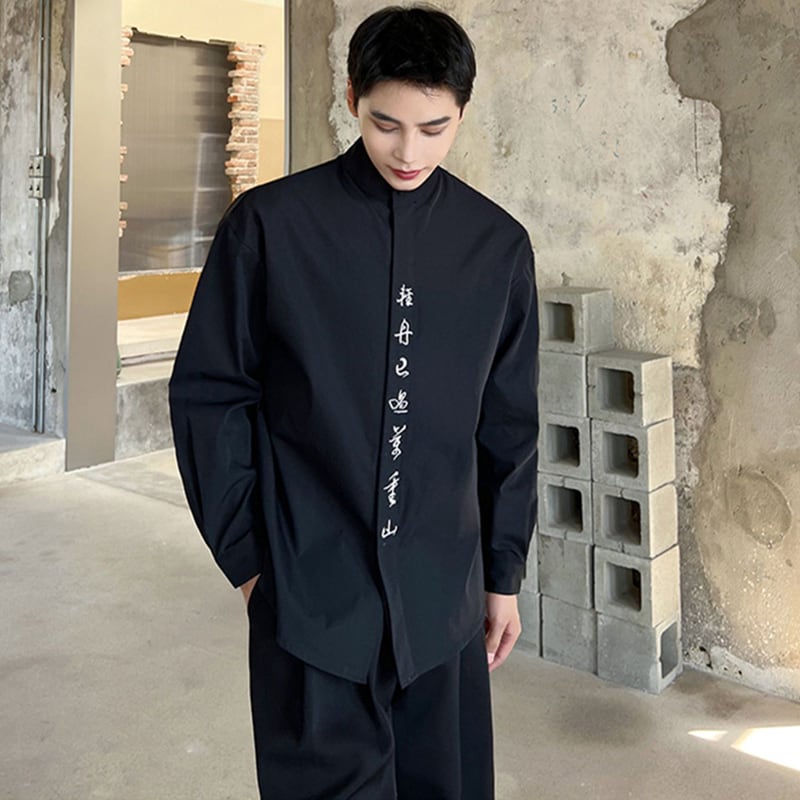 [Illustrated series] ★China style shirt★ 2color embroidery tops unisex men's black white lettering pattern