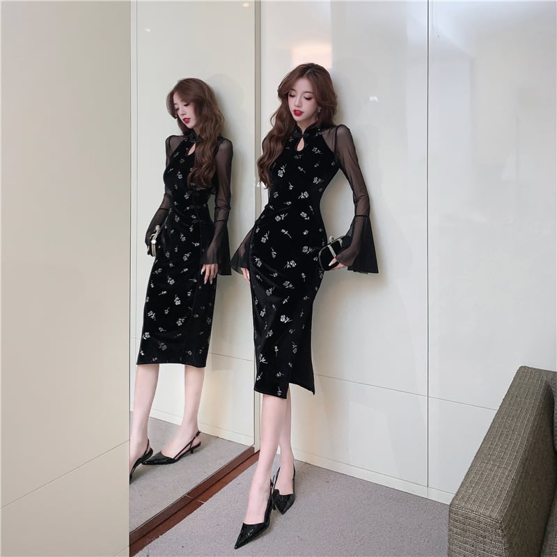 [Eighteen Impression Series]★China Dress★ Velvet Switching Rose Slimming Sexy Black Black SML