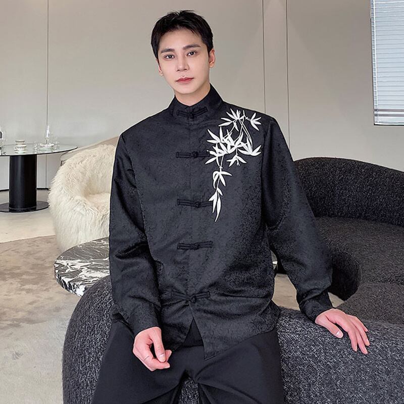 [Illustrated Series]★China Style Shirt★ Embroidery Bamboo Bamboo Embroidery Tops Long Sleeve Shirt Unisex Men's Black Black