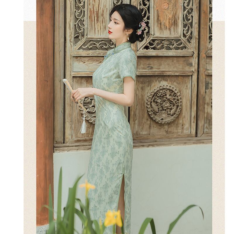 [Queen Series] ★China-style dress★ Improved cheongsam dress Improves temperament Short sleeves Green Green S M L XL