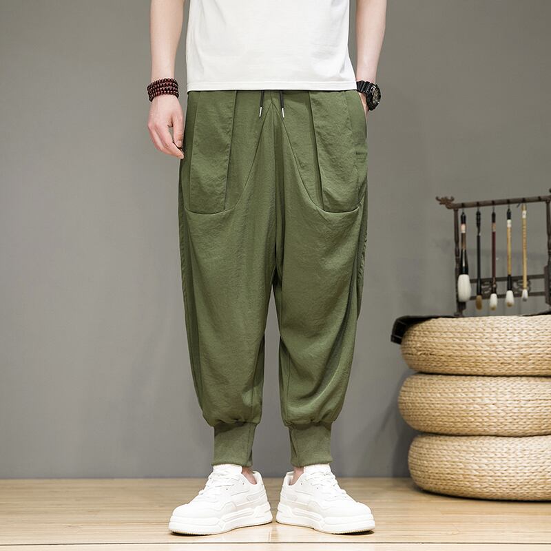 [Small Trouble Series]★China Style Pants★ 4color Unisex Men's Large Size Casual Pants Black Gray Beige Green