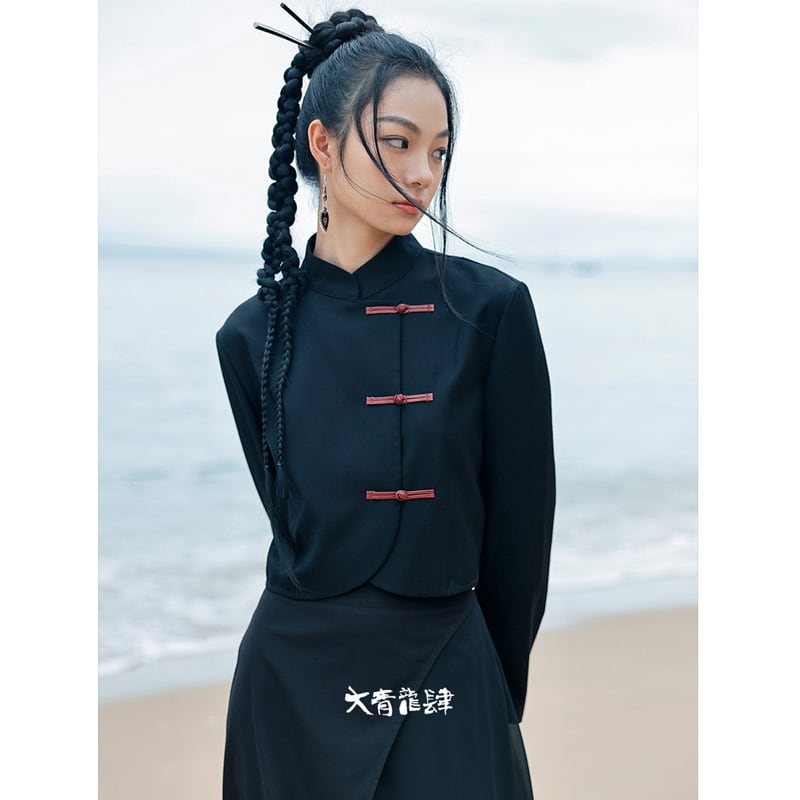 [Daiseiryusu Series] ★China style outerwear★ Tops embroidery black black unique color scheme slimming original