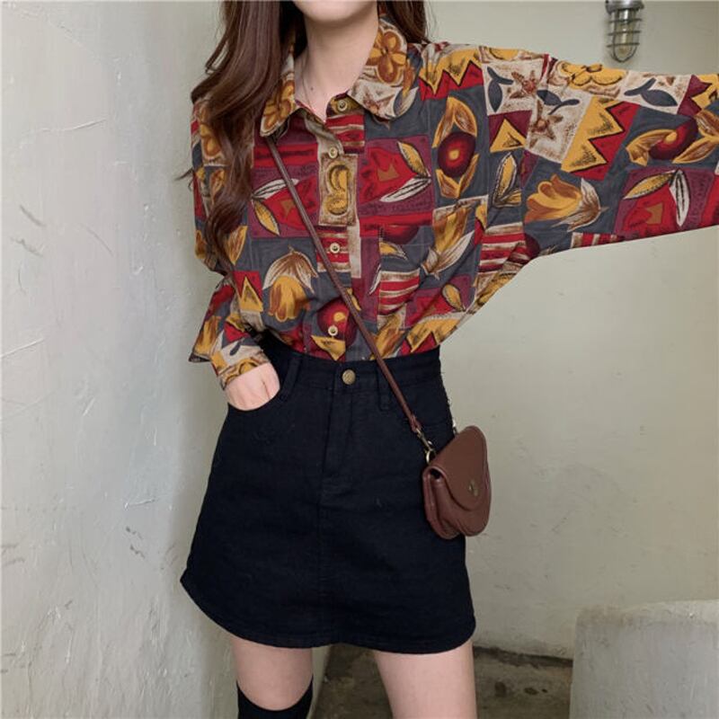 [YOUZI Series]★Retro Shirt★ Tops Printed Long Sleeve Shirt Floral Pattern Oil Painting Style Commuting Date Cute Thin