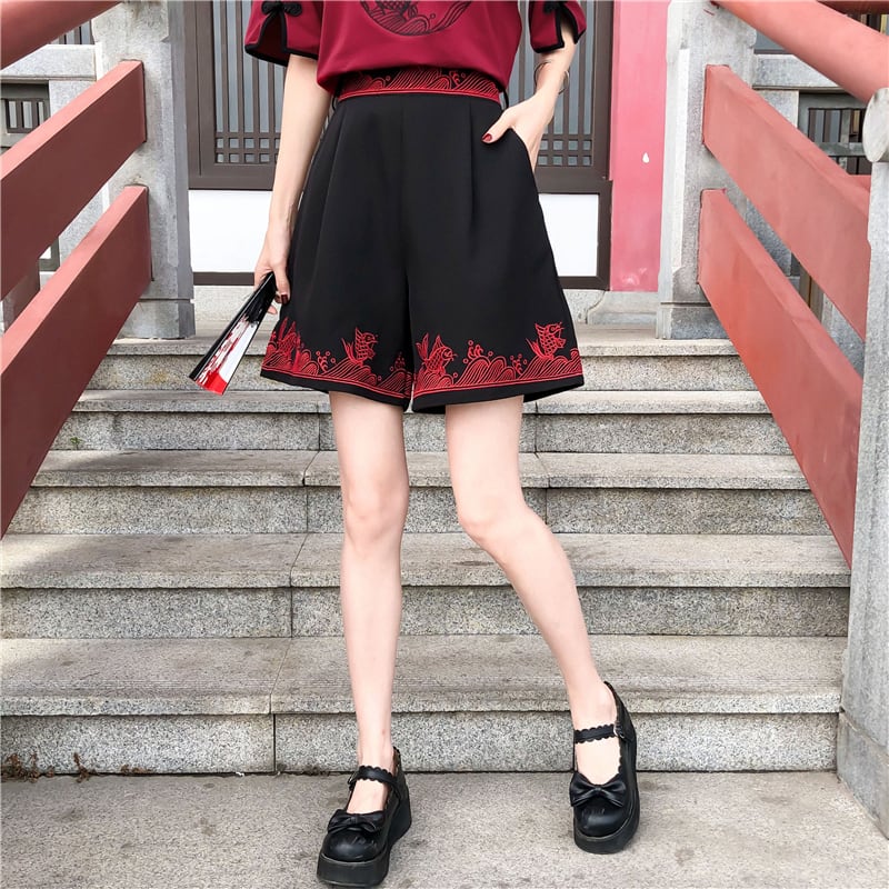 [Chamaru Girl Series]★China style shorts★ Shorts Black Black High Waist A-line Casual