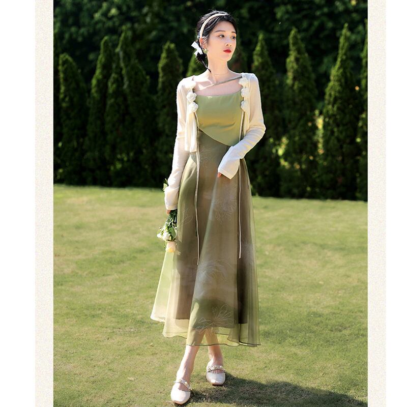 [Az Suna Series]★Setup★ Thin outerwear + hanging dress, Republic style, Green, Improves temperament, Wedding