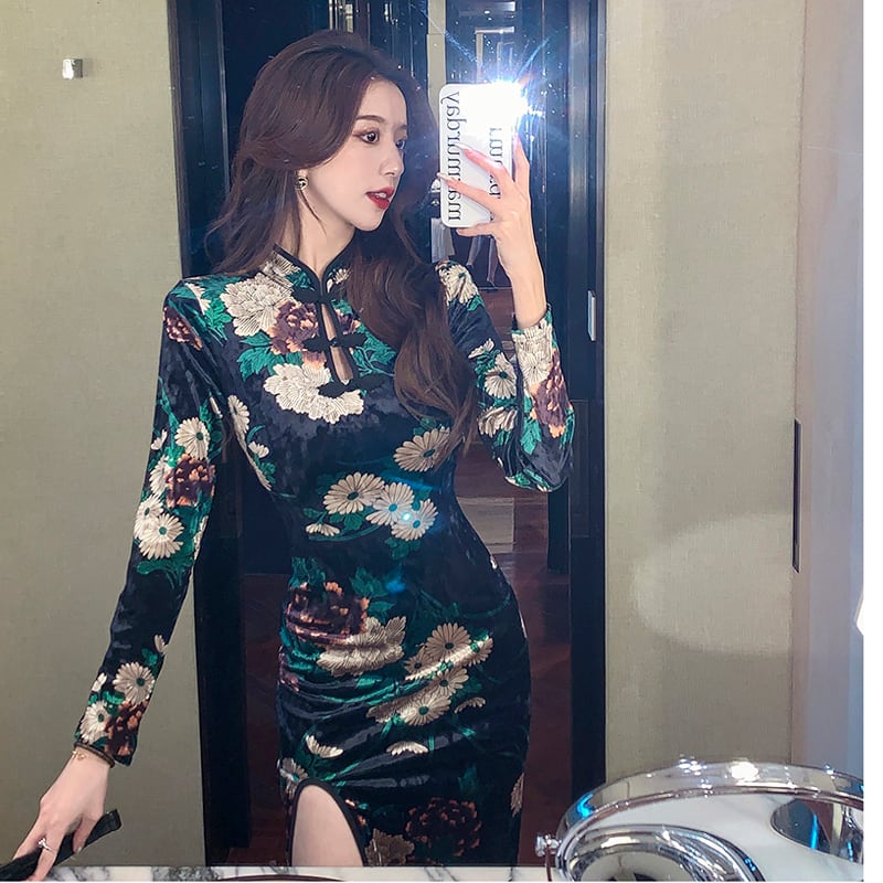 [Kakuya Series] ★China style dress★ Improved cheongsam dress velvet floral pattern sexy SML