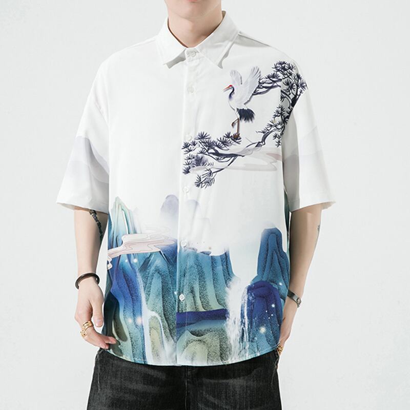 [MOWENZHAI Series] ★China Style Shirt★ Ink Pattern Crane Short Sleeve Shirt Tops Unisex Men's Large Size