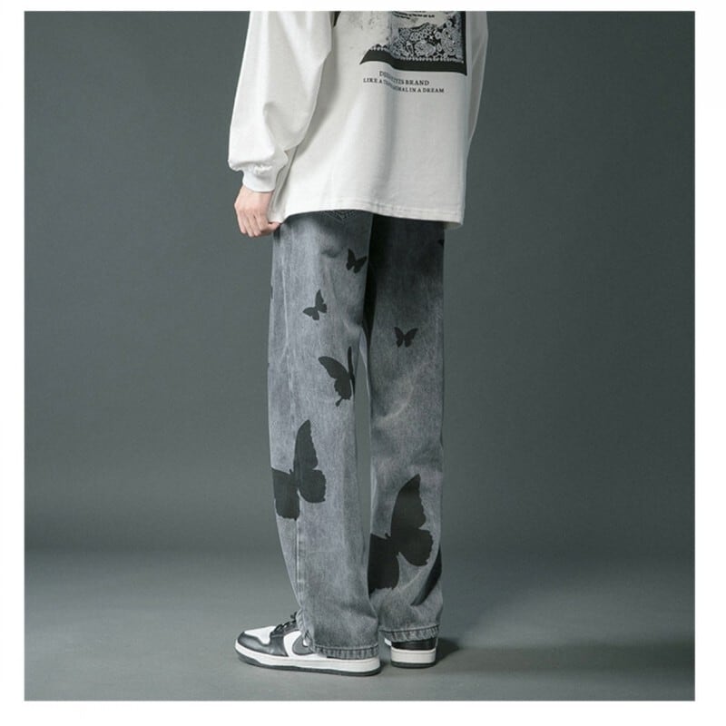 [Snow Qiongsi Series]★Denim Pants★ 2color Bottoms Pants Unisex Men's Butterfly Print Unique Black Blue