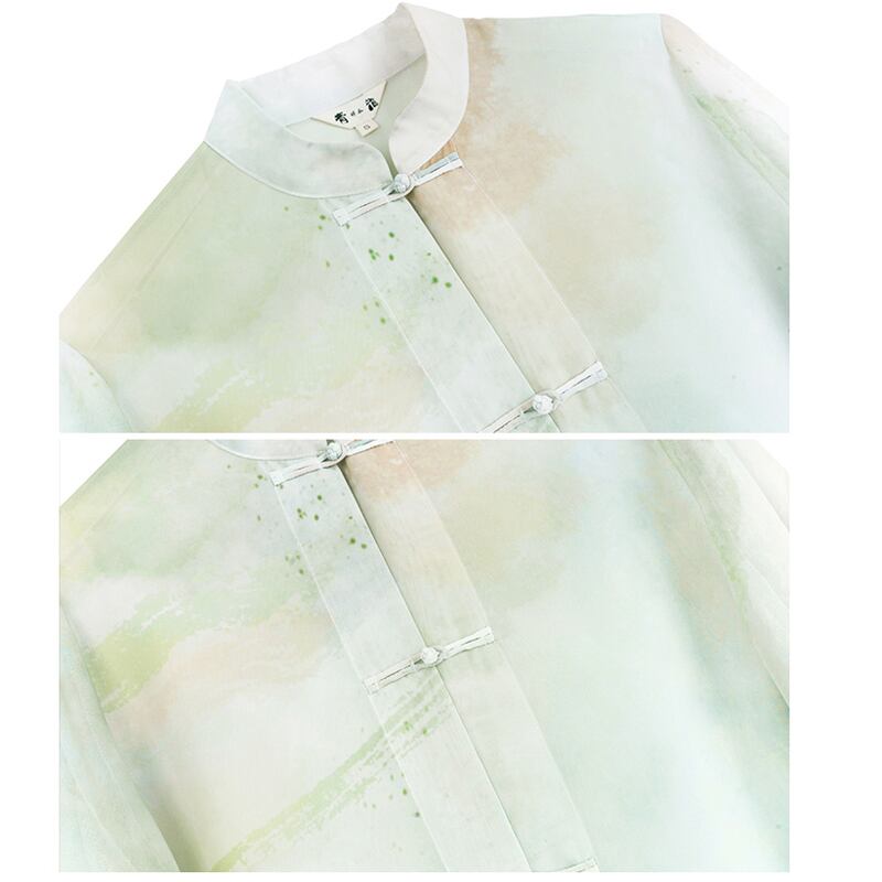 [Daiseiryusu Series] ★China-style shirt★ Tops, long sleeves, sheer, chiffon print, green, green