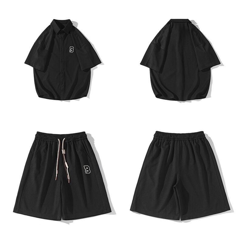 [BIGEMAN Series]★Setup★ Shirt + Shorts 2color Top and Bottom Set Unisex Men's Large Size Gray Black