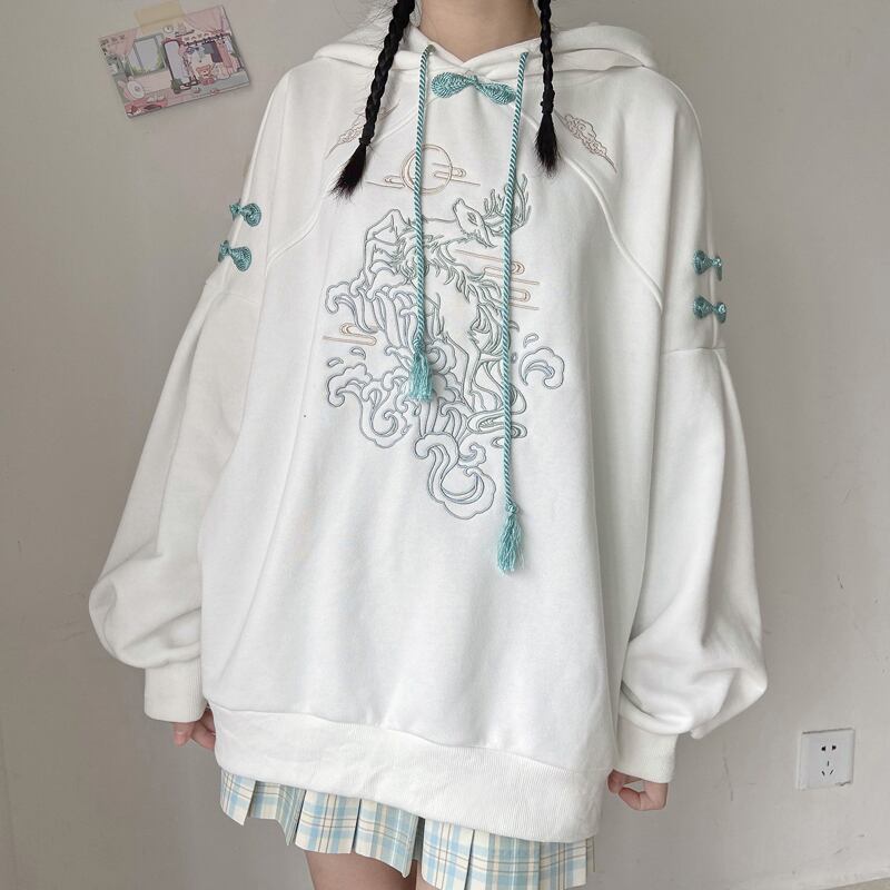 [Ochaya Series]★China style hoodie★ 2color black or white tops embroidery Chinese buttons unisex black white