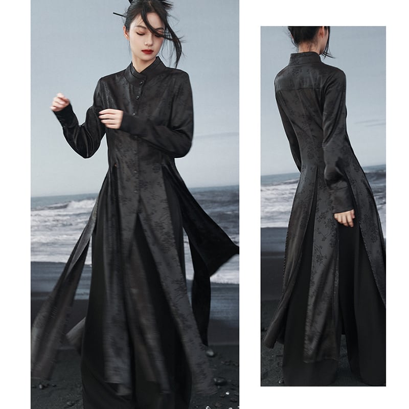 [Big Blue Dragon Series]★China style shirt★Long length shirt slit original black black slimming fashionable