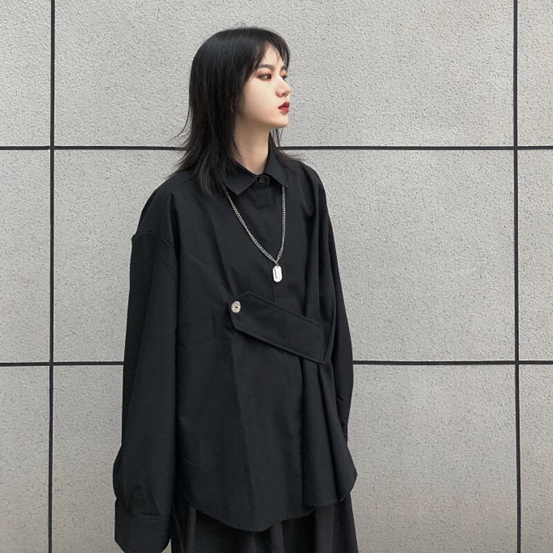 [Modern People Series]★Shirt★ Tops Black Black Free size Loose Harajuku style Irregular Unisex