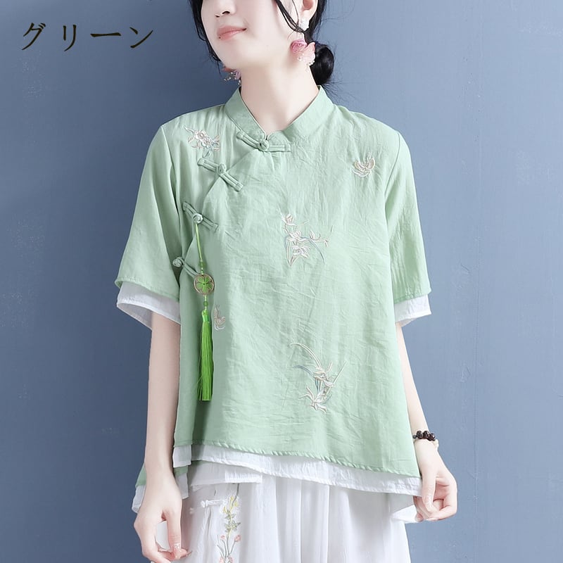 [Qing Series] ★Chinese style tops with decorations★ 4 colors cotton linen embroidery summer simple pink blue green white green