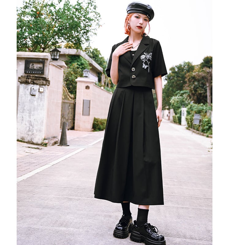 [Ancient monster --- butterfly effect series] ★China style top★ Blazer short sleeve embroidery butterfly short length black black