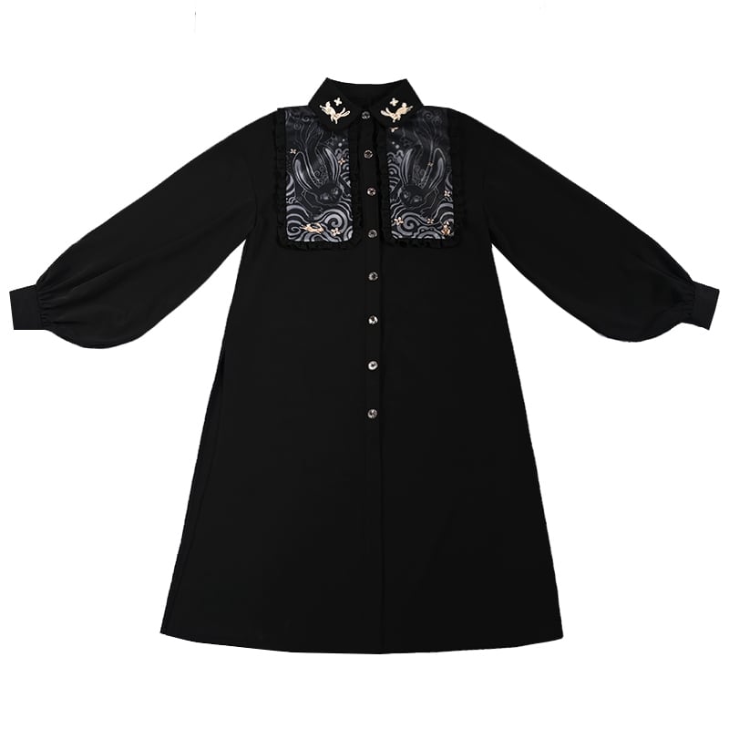 [Old Monster --- Rabbit Series] ★China style shirt★ Long shirt embroidery rabbit rabbit black black