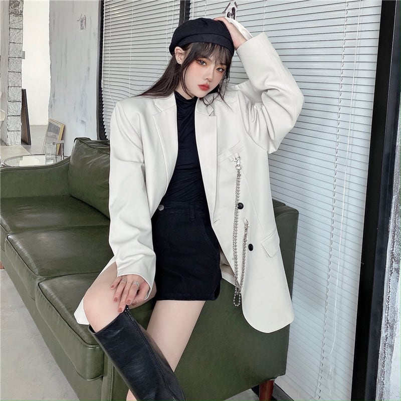 [Miyakoya Series]★Blazer with chain★ 2color black or beige outerwear unisex costume retro simple