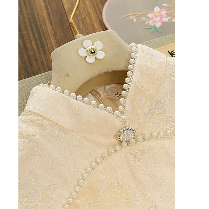 [Daughter fish series] ★China dress★ One piece dress lace chiffon switching beige cute