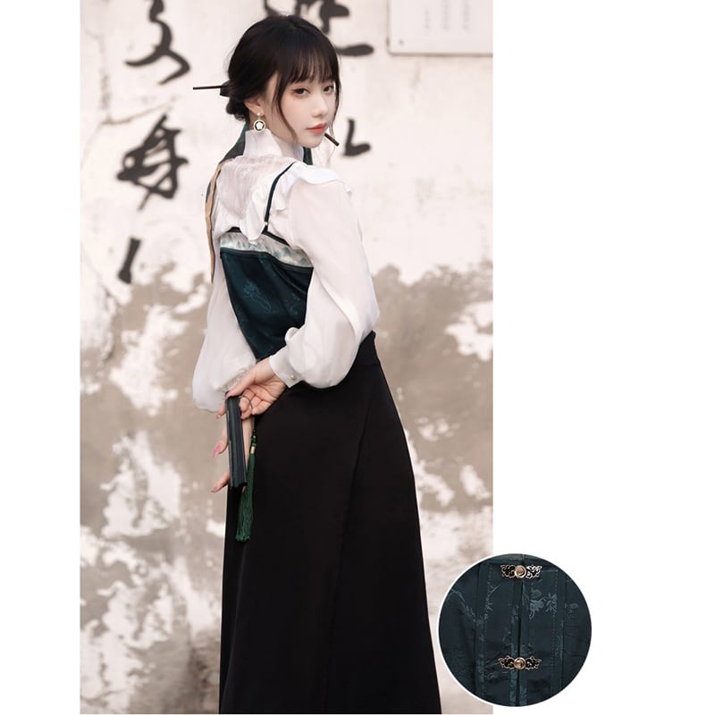 [Kaede bamboo --- one shade of green series] ★Chinese style setup★ 3-piece set Shirt + Vest + Maki skirt Chinese clothes