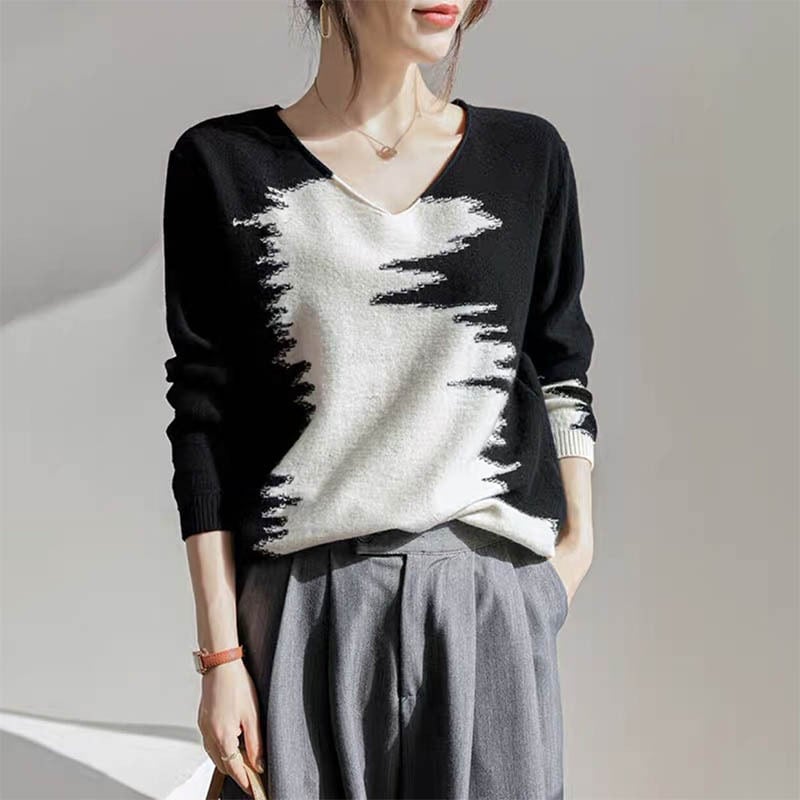 [Denkiran series] ★Knit tops★ Sweater, wool, color scheme, slimming, elegant, easy to match, black, white