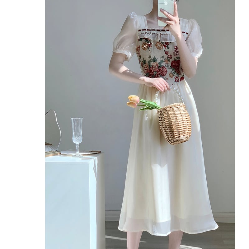 [Yuan Yuan Series] ★One Piece★ Switching Oil Painting Style Retro Short Sleeve Summer Dress Improves Temperament Cute