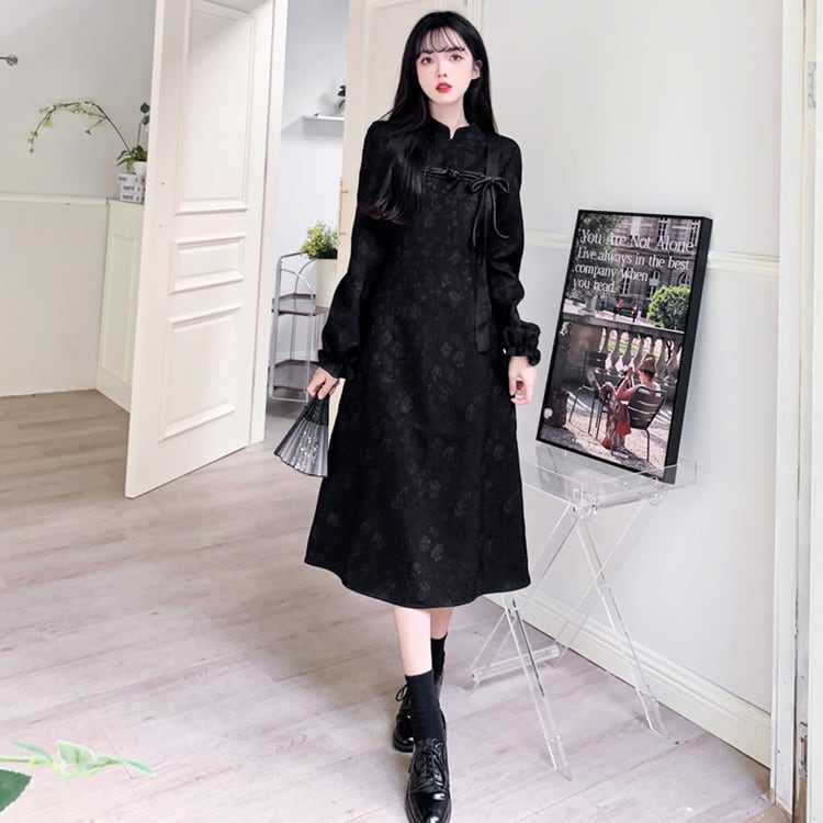 [Dong Xiaojie Series] ★Chinese style dress★ Large size Chinese clothing Black Black Cute Improved cheongsam dress