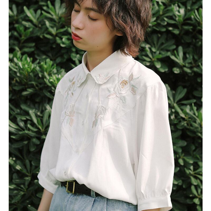 [Yang's Great Dream Series]★China Style Shirt★ Tops Embroidery Bubble Sleeves Short Sleeves White White Improves Temperament