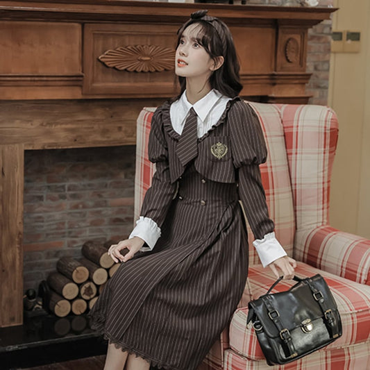 [GOODMORING Series]★Dress with tie★ Faux layered long sleeve dress Cute vertical striped striped pattern