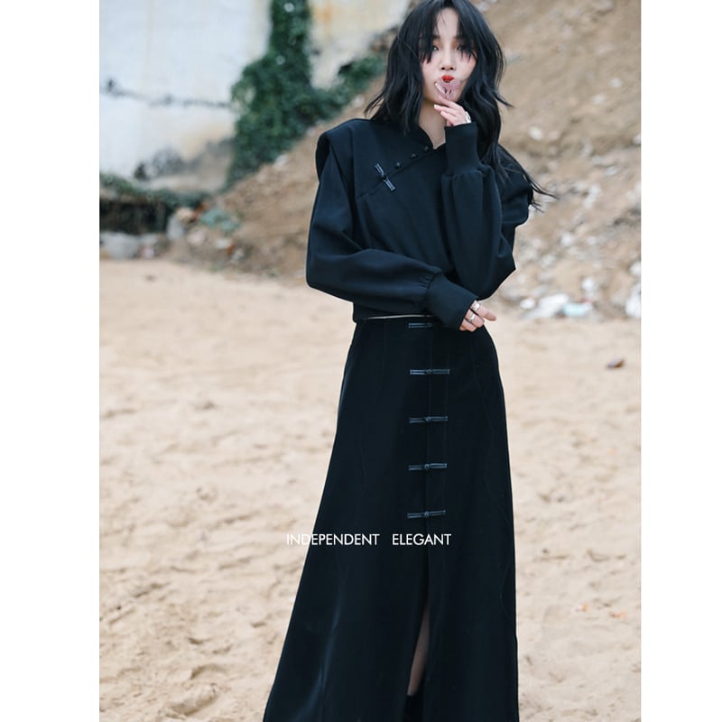 [Big Blue Dragon Series] ★China style skirt★ Bottoms Chinese button slit slimming black black