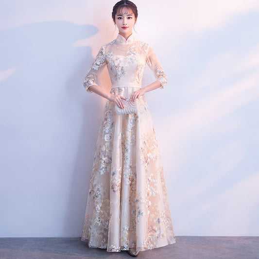 Party Dress, One Piece, Long Dress, After-Party, Wedding, Concert, Elegant, Chinese Style, Stand Neck, 3/4 Sleeve, Long Length, Maxi Length, Large Size, SML, XL, 2XL, Champagne, Embroidered