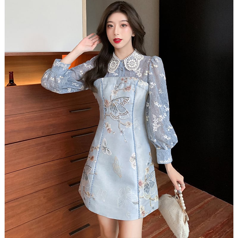 [Yuyubei Ura Series] ★Chinese style dress★ Switching lace blue blue cute date improving temperament