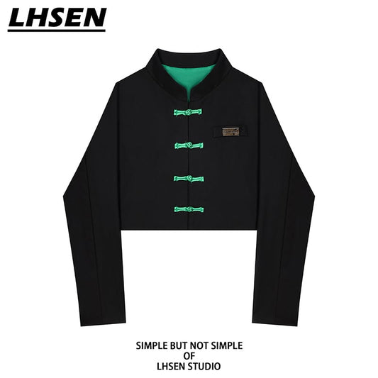 [LHSEN Series]★China-style tops★China-style outer jacket, short length, mini length, slimming, black, black color scheme