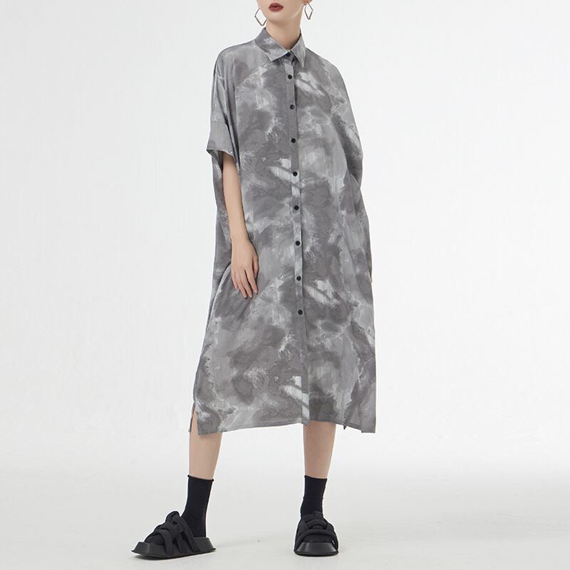 [YIDAO Series]★Shirt dress★ 2color long shirt print retro floral pattern loose blue gray summer clothes