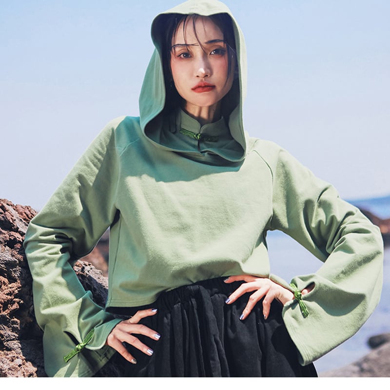 [Daiseiryusu Series]★China style hoodie★ Tops 2 colors, short length, Chinese buttons, hooded, green black