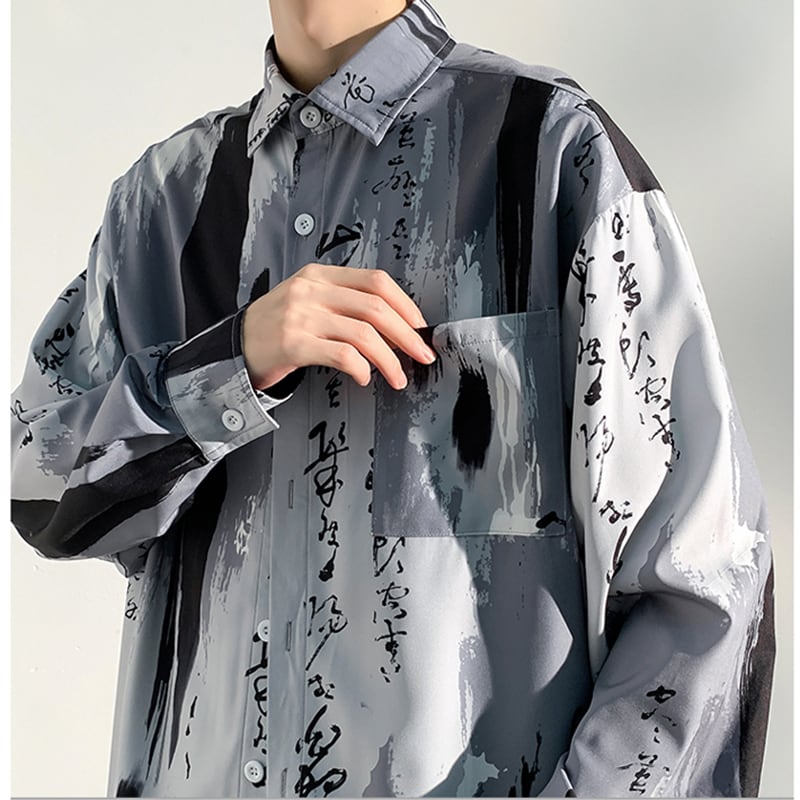 [YUANJI Series] ★China style shirt★ Tops, letter pattern, ink pattern, unisex, men's fashion, cool