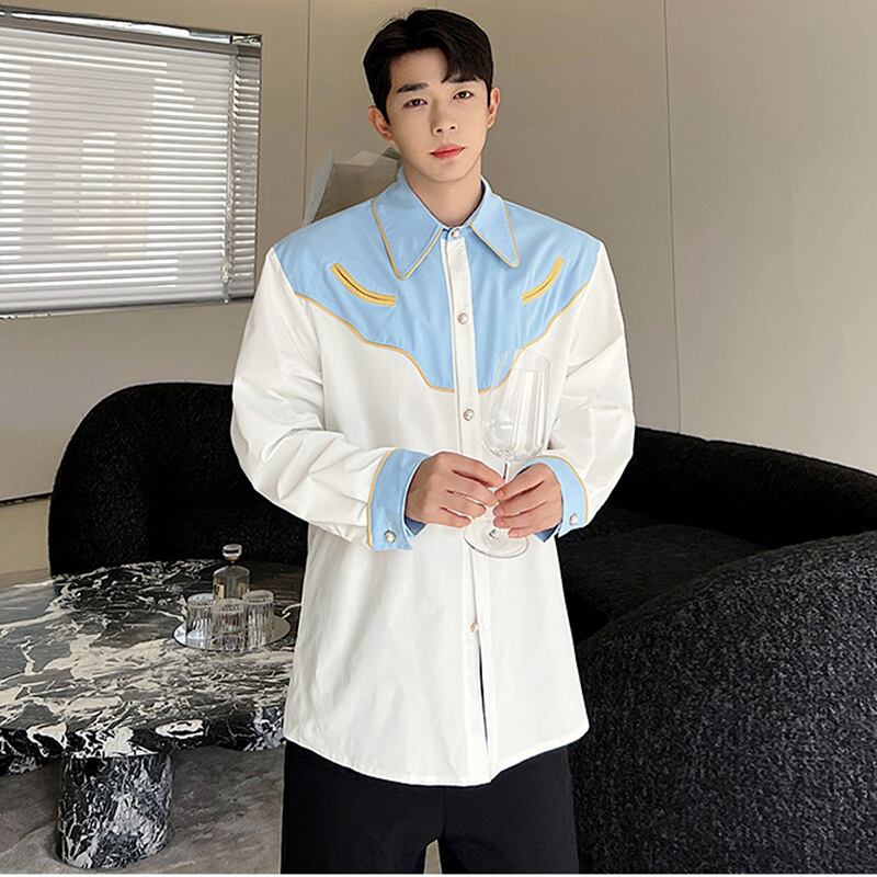 [Illustrated Series]★Shirt★Tops Unisex Men's Spring Clothes Long Sleeve Shirt Switching Casual Color Scheme Blue White