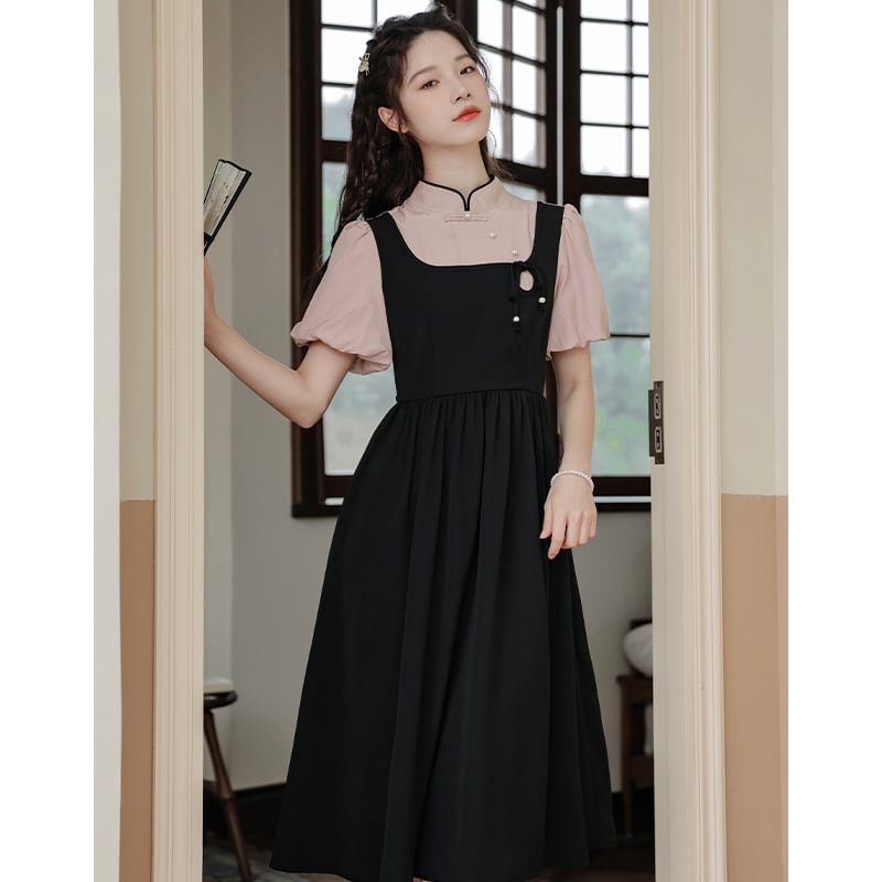 [White Moonlight Series] ★China style dress★ 2color improved cheongsam dress summer clothes fake layered black green