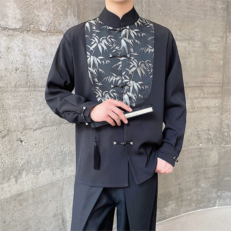 [Illustrated Series]★China Style Shirt★ Tops Unisex Men's Black Bamboo Pattern Switching Chinese Clothes