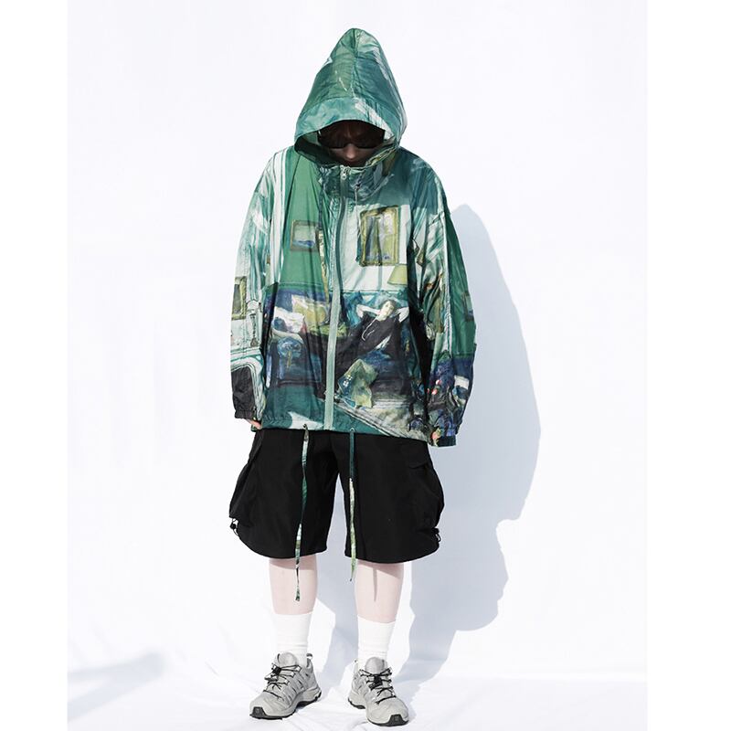 [SIN87 Series] ★UV protection★ UPF50+ Oil painting style Sun protection Cooling protection Thin outerwear Loose green Unisex Men's