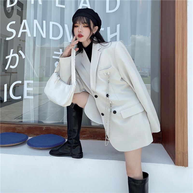 [Miyakoya Series]★Blazer with chain★ 2color black or beige outerwear unisex costume retro simple