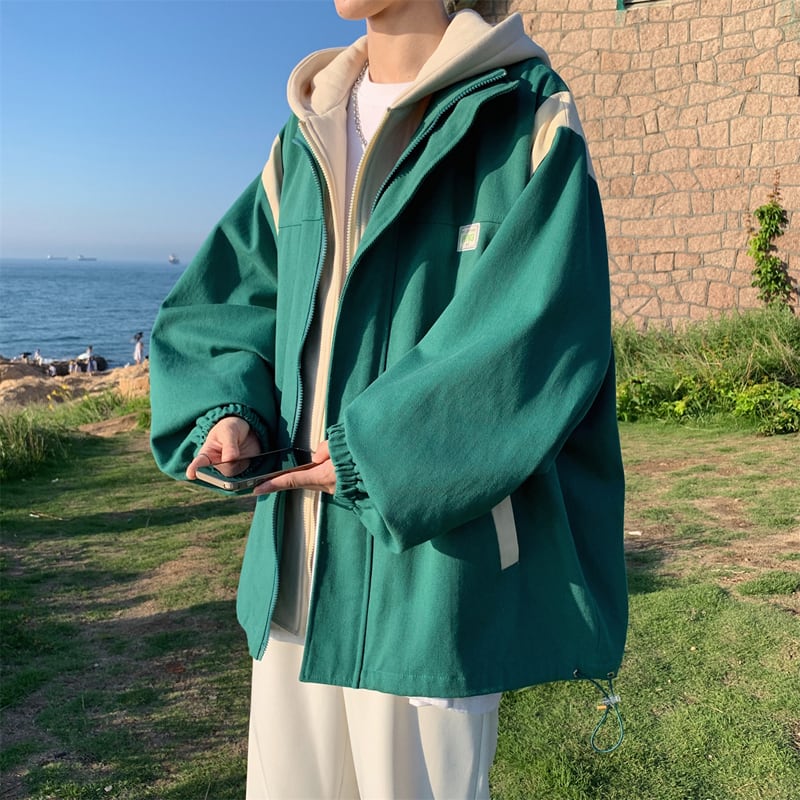 [MANYSTON series]★Jacket★ Outerwear 3color fake layered hooded unisex men's green black beige