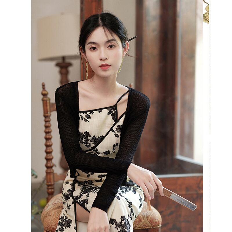 [Ink year flower series] ★China style setup★ 2-piece set Hanging dress + thin outerwear Improves temperament Floral pattern SML