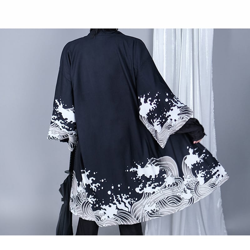 [Kuraho Koya Series]★China style happi coat★2color black or white wave pattern print chiffon improved Hanfu Hanfu coat thin