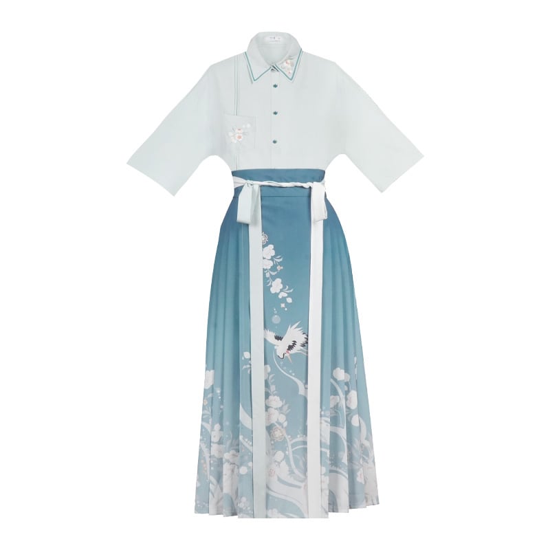 [Ikeka Series] ★Chinese-style setup★ Shirt + wrap skirt + ribbon Improved Hanfu Crane Blue Everyday Date Fireworks Festival