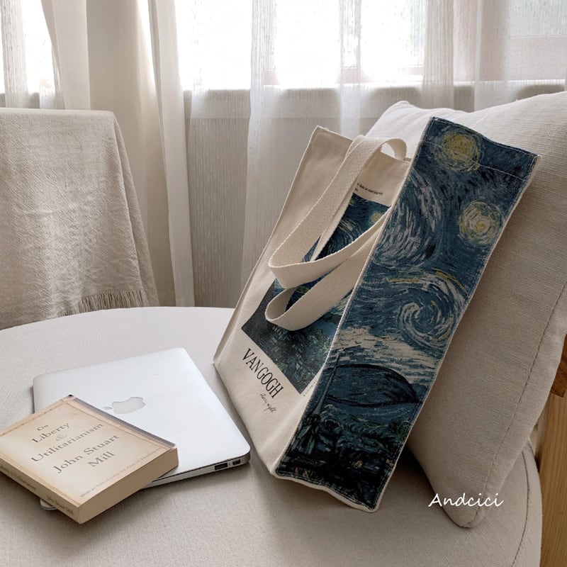 [Andcici Series]★Bag★ Tote bag Large capacity Oil painting style Starry sky Beige Blue Blue Date Commuting to school