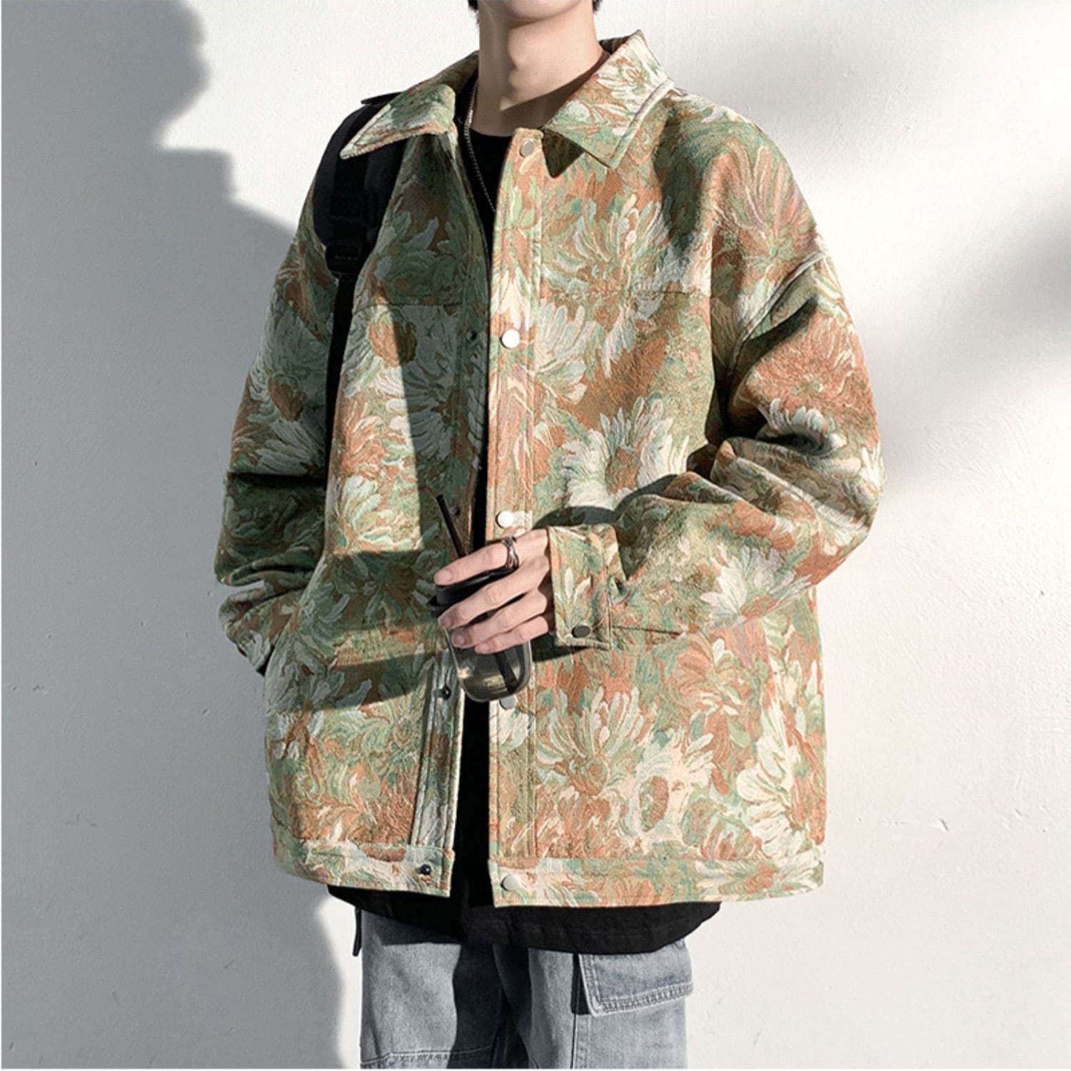 [KADISHOU Series] ★Jacket★ Outerwear 2color Oil Painting Style Floral Pattern Unisex Men's Large Size Blue Green